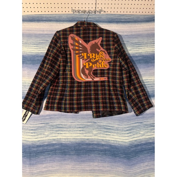 CRTV LTRCY Jackets & Blazers - Upcycled Rainbow Tweed Jacket Unicorn Applique I Ride With Pride Womens 8 Petite